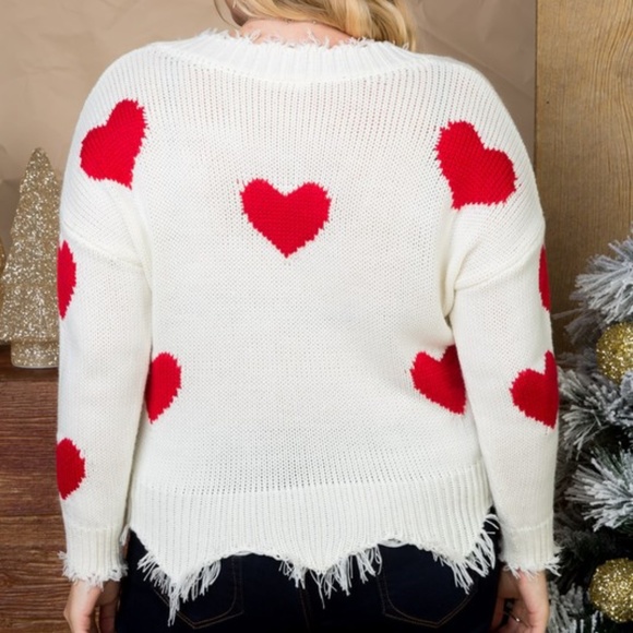 PLUS SIZE VDAY hearts Print Frayed Sweater - Picture 4 of 6